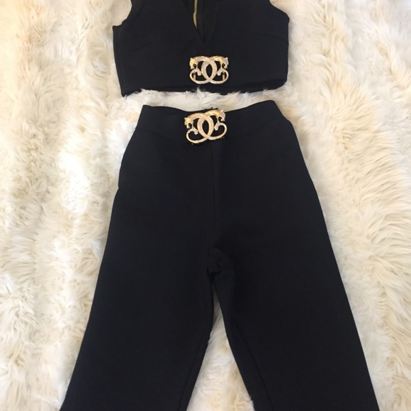 CO-ORD 2 PIECE SET BLACK BANDAGE CROP TOP & PANT - Picture 10 of 12